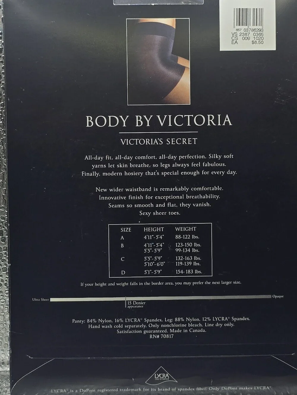 Victoria's Secret Body By Victoria Control Top Size B 15 Denier ALMOST BLACK
